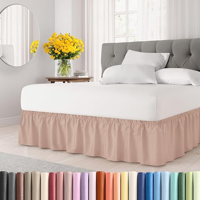 Wrap Around Dust Ruffle Bed Skirt - Mauve - Twin/Twin XL Size Beds w/ 12 Inch Drop - Easy Fit Elastic Strap - Adjustable Pleated Bedskirt w/Brushed Fabric - Wrinkle Free - Women, Men, Kids & Teens