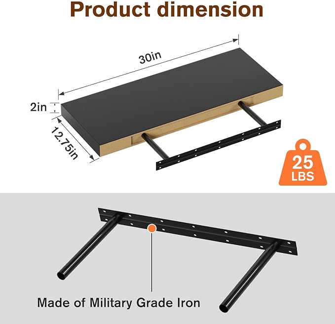 Floating Shelf, Set of 1 Wall Shelf, 30 in W x 12.75 in D x 2 in H Wooden Floating Wall Shelf with Invisible Brackets for Living Room/Bedroom/Bathroom/Kitchen Storage and Decor, Black