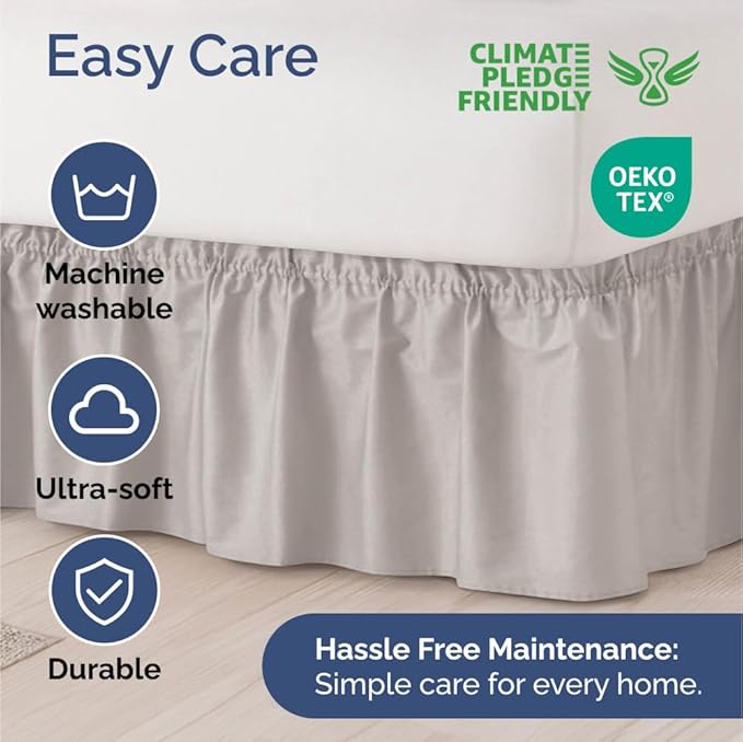 Wrap Around Dust Ruffle Bed Skirt - Light Grey - for Full Size Beds with 12 Inch Drop - Elastic Strap - Adjustable Pleated Bedskirt with Brushed Fabric and Wrinkle Free - for Women, Men, Kids & Teens