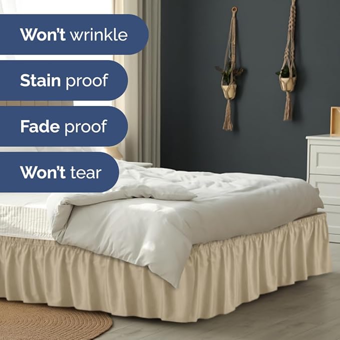 Wrap Around Dust Ruffle Bed Skirt - Beige - for Full Size Beds with 15 Inch Drop - Easy Fit Elastic Strap - Adjustable Pleated Bedskirt w/Brushed Fabric - Wrinkle Free - for Women, Men, Kids & Teens
