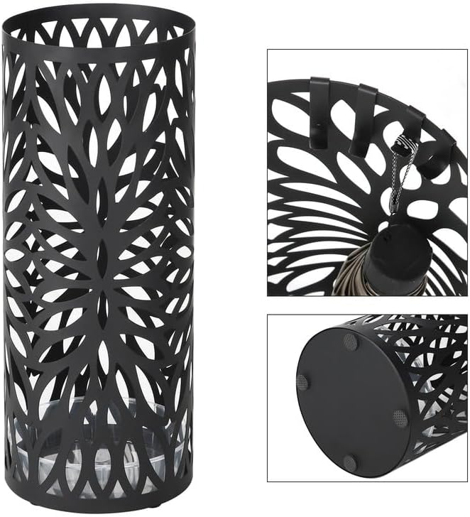 SONGMICS Umbrella Stand, Umbrella Holder for Entryway, Steel Round Umbrella Rack Freestanding, for Canes Walking Sticks, with a Detachable Drip Tray, 2 Long and 2 Short Hooks, Matte Black ULUC20B