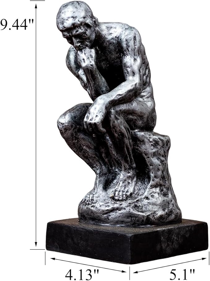 Thinking Man Statue, 9.5'' Famous Bronze Sculpture by Rodin, Nude Art Craft for Home Decor or Gift