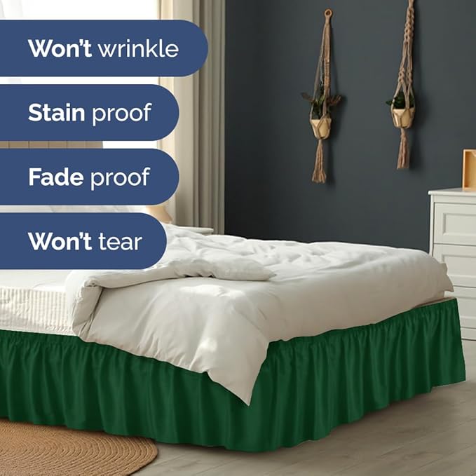 Wrap Around Dust Ruffle Bed Skirt - Emerald - for King Size Beds w/ 15 Inch Drop - Easy Fit Elastic Strap - Adjustable Pleated Bedskirt w/Brushed Fabric - Wrinkle Free - for Women, Men, Kids & Teens