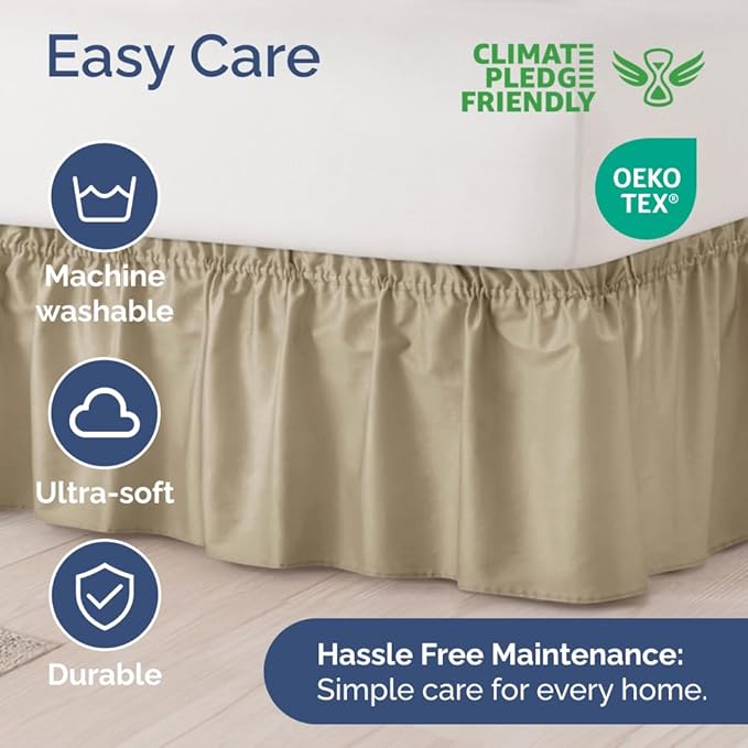 Wrap Around Dust Ruffle Bed Skirt - Beige - for King Size Beds with 15 Inch Drop - Easy Fit Elastic Strap - Adjustable Pleated Bedskirt w/Brushed Fabric - Wrinkle Free - for Women, Men, Kids & Teens