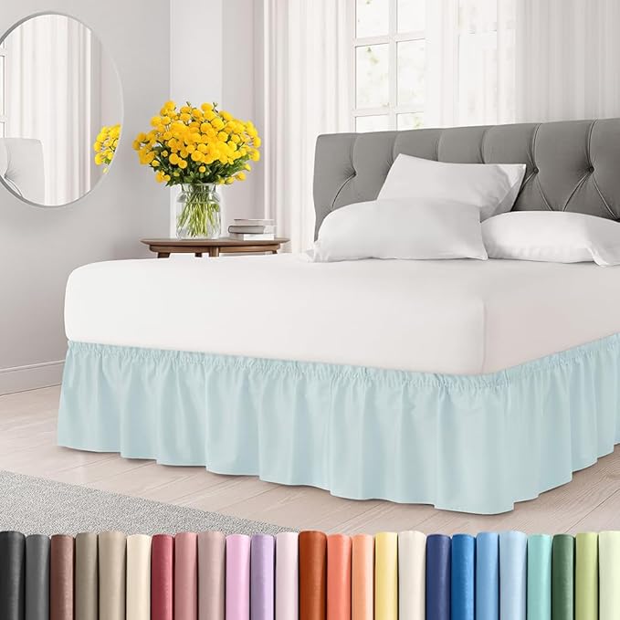 Wrap Around Dust Ruffle Bed Skirt - Ice Blue - for King Size Beds w/ 12 Inch Drop - Easy Fit Elastic Strap - Adjustable Pleated Bedskirt w/Brushed Fabric - Wrinkle Free - for Women, Men, Kids & Teens