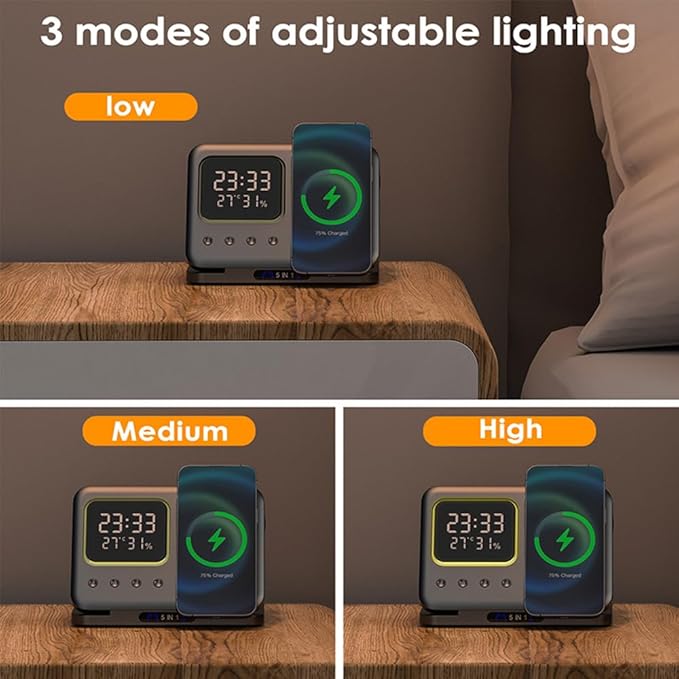 IHAO 5in1 Multi Functional Wireless Charger with Digital Clock 18W Fast Charge Night Light Temperature Display Magnetic Attraction Compliant for iPhone, Apple Watch and Qi Headphone-DH13 Black