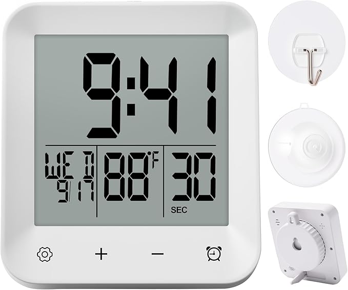 Waterproof Shower Clock with Timer, Bathroom Wall Clock Displaying Temperature, Date & Day, Battery Operated LCD Digital Clock for Bath, Kitchen (White)