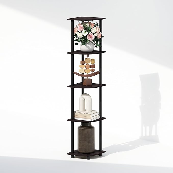 Furinno Turn-N-Tube Storage Shelves, 5-Tier Book Shelf, Corner Shelf, Toolless Open Shelves, for Organization and Storage, Living Room, Home Office, Hallway, Bedroom, Dark Walnut