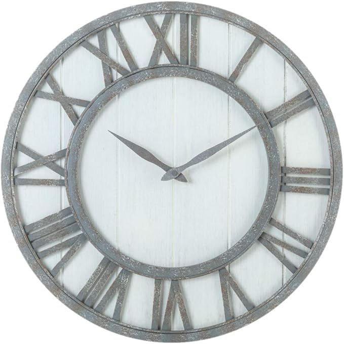 Oldtown Farmhouse Metal & Solid Wood Noiseless Wall Clock (Whitewash, 18-inch)