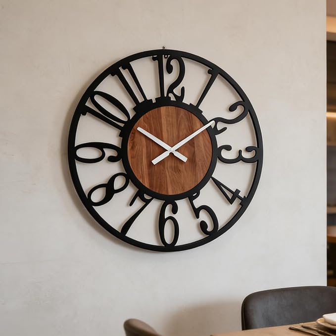 32 Inch Oversized Industrial Farmhouse Wall Clock, Wood & Matte Black Iron Frame, Artful Numerals Non Ticking Battery Operated, Decorative Statement Piece for Large Living Room Foyer Home Décor
