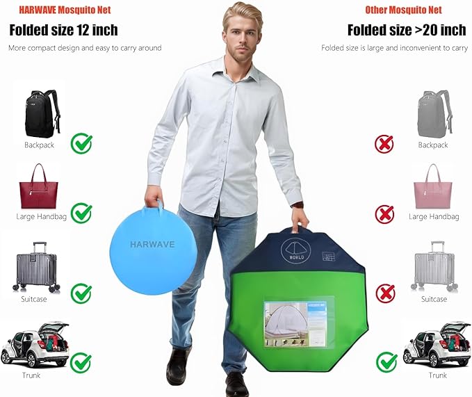 Mosquito Net for Bed, Folded Size 12 inch Portable Camping Travel Mosquito Net, Pop Up Mosquito Tent with Double Entry for King Queen Size Bed (Folded 12 Inch, 71"x79"x59")