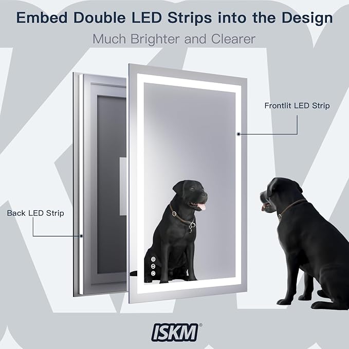 ISKM 48'' x 28' LED Mirror for Bathroom Lighted Vanity Mirror for Wall Front Lights + Backlit LED Bathroom Mirror Anti-Fog Tempered Glass ETL Listed