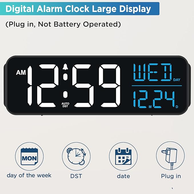 Peakeep Large Display Digital Alarm Clock for Bedrooms, Date Day of Week Calendar Desk Table Clocks for Living Room Office, Dimmable Plug in Electric Clock, 5 Volumes, Loud, Auto DST