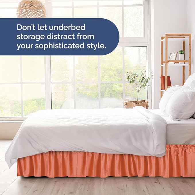 Wrap Around Dust Ruffle Bed Skirt - Coral - for King Size Beds with 24 Inch Drop - Easy Fit Elastic Strap - Adjustable Pleated Bedskirt w/Brushed Fabric - Wrinkle Free - for Women, Men, Kids & Teens