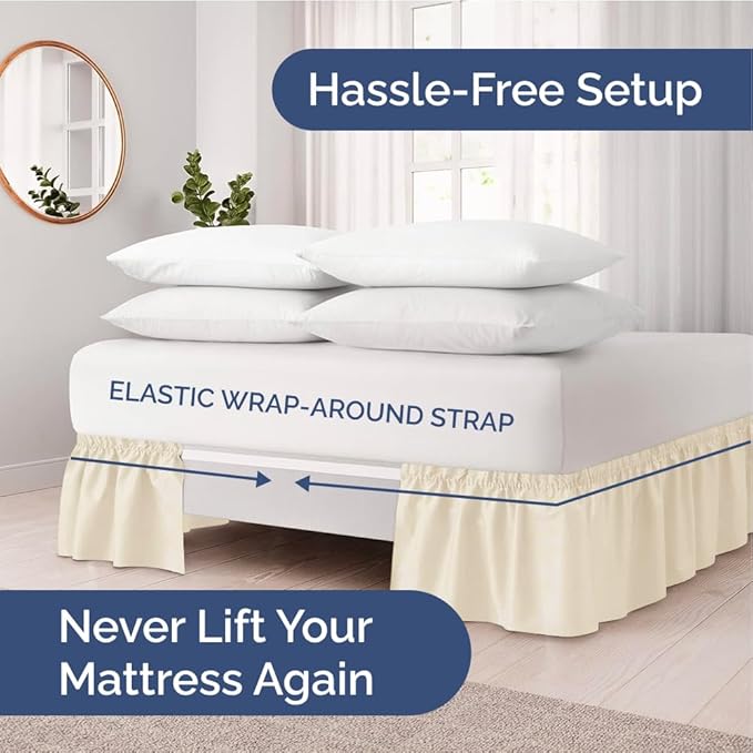 Wrap Around Dust Ruffle Bed Skirt - Off White - Twin/Twin XL Size Beds w/ 12 Inch Drop - Easy Fit Elastic Strap- Adjustable Pleated Bedskirt w/Brushed Fabric - Wrinkle Free - Women, Men, Kids & Teens