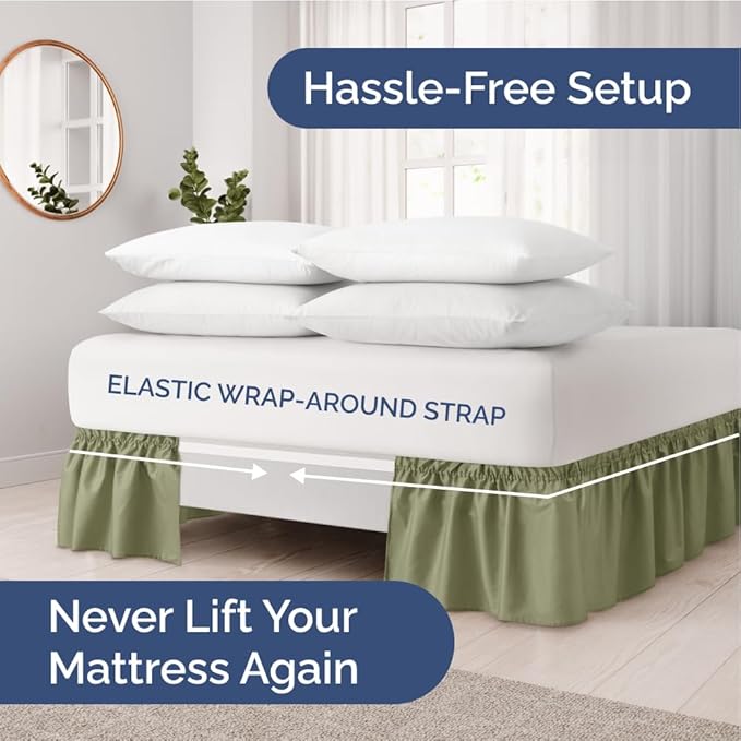 Wrap Around Dust Ruffle Bed Skirt - Sage Green - for Queen Size Beds with 24 Inch Drop - Elastic Strap - Adjustable Pleated Bedskirt with Brushed Fabric and Wrinkle Free - For Women, Men, Kids & Teens