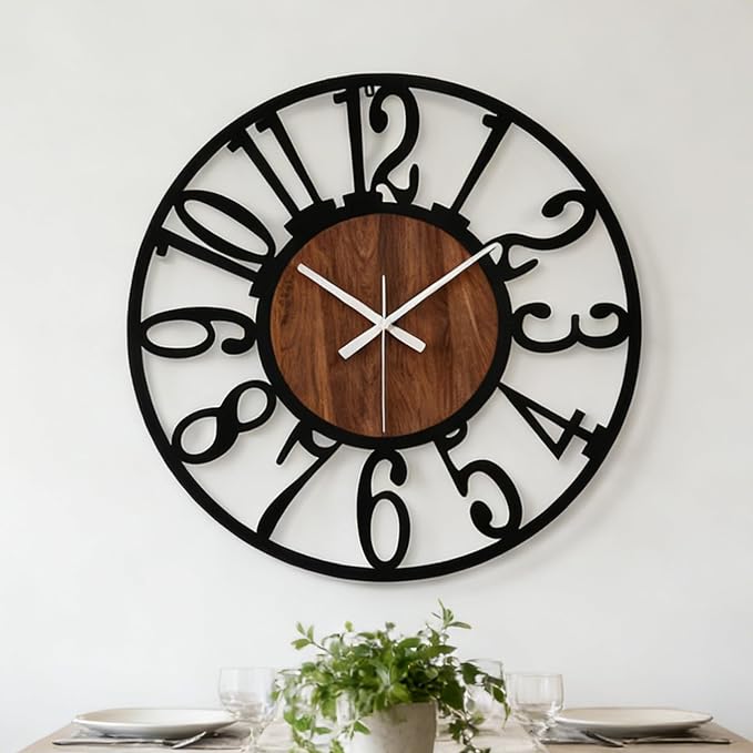32 Inch Oversized Industrial Farmhouse Wall Clock, Wood & Matte Black Iron Frame, Artful Numerals Non Ticking Battery Operated, Decorative Statement Piece for Large Living Room Foyer Home Décor