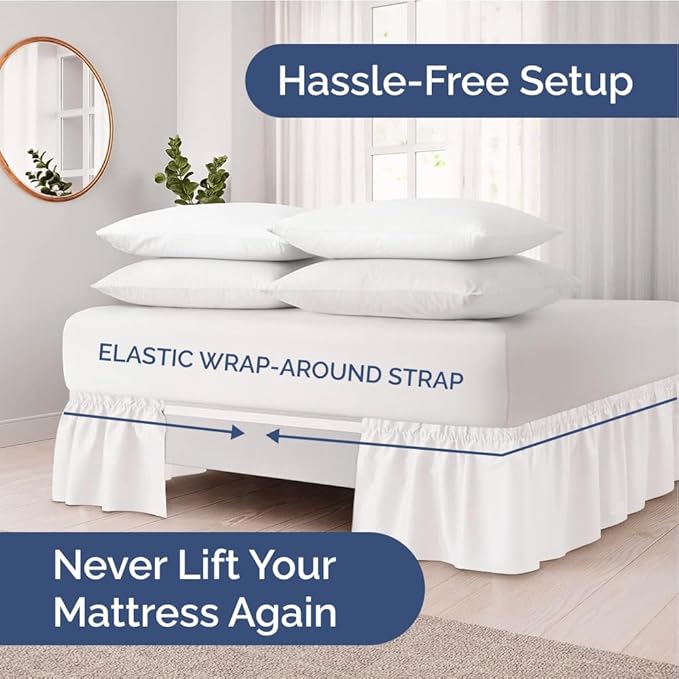 Wrap Around Dust Ruffle Bed Skirt - Antique White - for King Size Beds w/ 15 Inch Drop - Easy Fit Elastic Strap - Adjustable Pleated Bedskirt w/Brushed Fabric, Wrinkle Free Women, Men, Kids & Teens