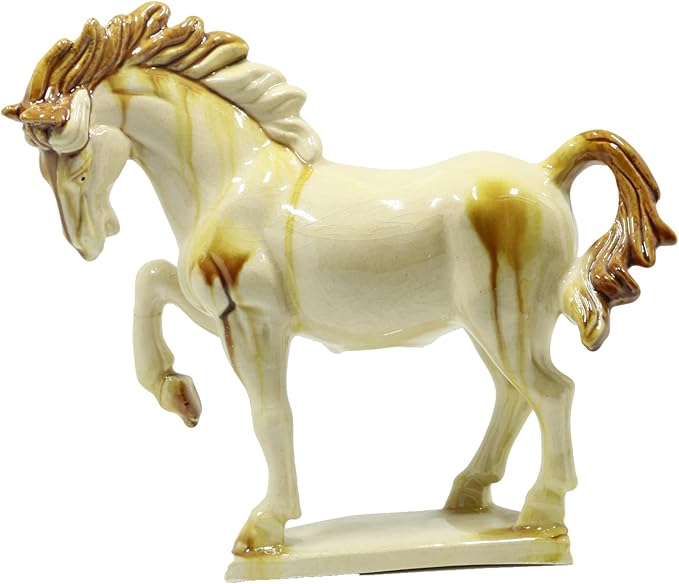 Ceramic Horse Sculpture -8 inch Hand Made -Tang Tri-Color Cultural Art Piece,Museum Collection Inspired Home and Office Decor (Ivory)