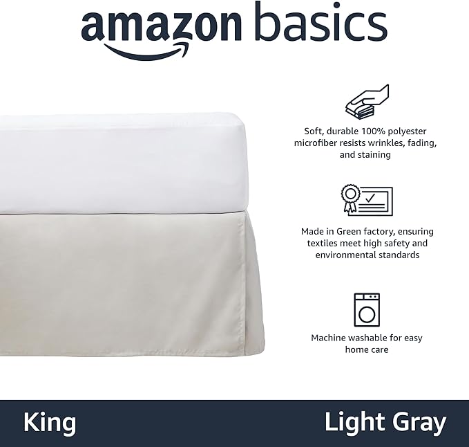 Amazon Basics Lightweight Pleated King Size Bed Skirt, Fade Resistant, Machine Washable, King, Light Grey, Solid