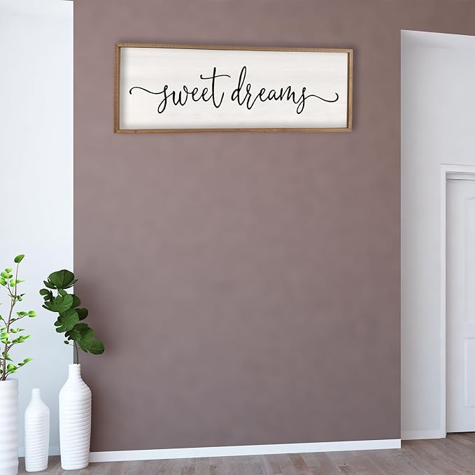 Surfapans Sweet Dreams Wall Decor Above Bed 40"x15" ofr Master Bedroom Guest Room Wood Framed Rustic Over Bed Wall Art Sign (Wood)