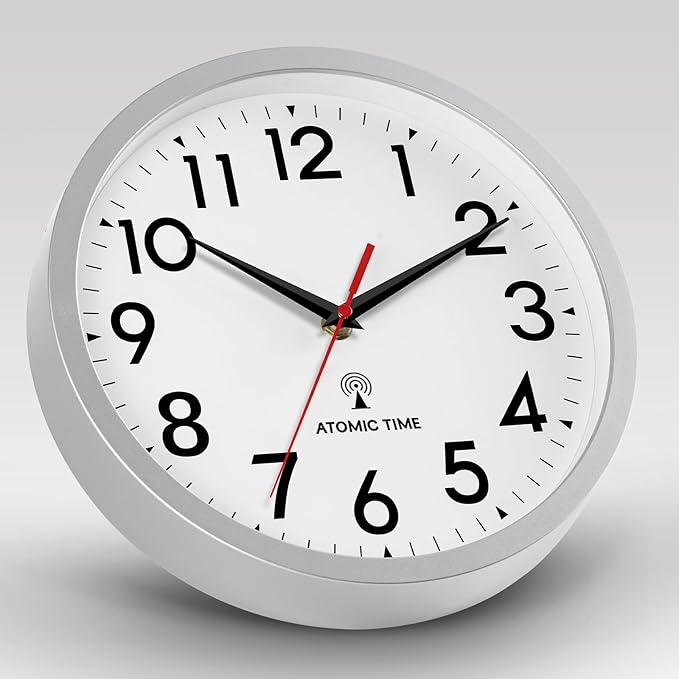 Atomic Wall Clock Analog 12 Inch Battery Operated Modern Decorative for Living Room Kitchen Office Bedroom Bathroom(Silver)