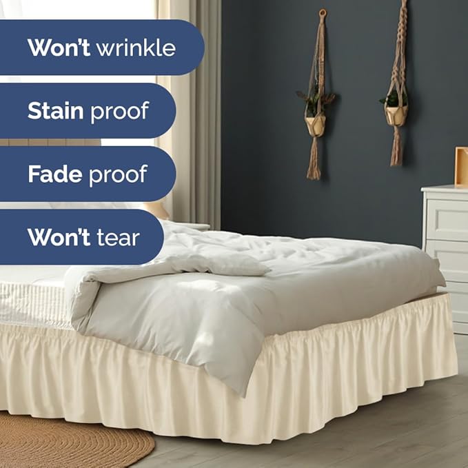 Wrap Around Dust Ruffle Bed Skirt - Off White - for King Size Beds w/ 15 Inch Drop - Easy Fit Elastic Strap - Adjustable Pleated Bedskirt w/Brushed Fabric - Wrinkle Free - Women, Men, Kids & Teens