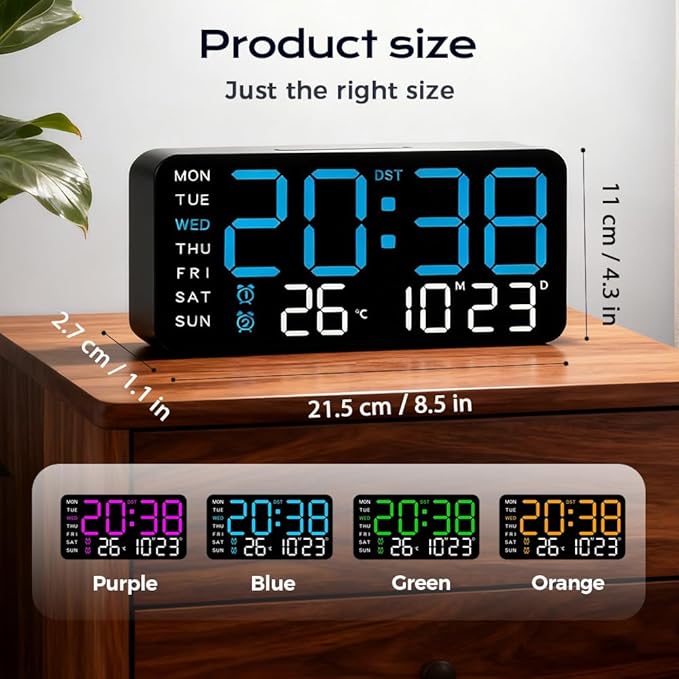 Multifunctional Decorative Led Digital Wall Clock,Large Digital Clock Shows Time,Date,Temperature,Auto Brightness Adjustment,Dual Alarms,Electronic Clock for Livingroom (Green lamp with black shell)