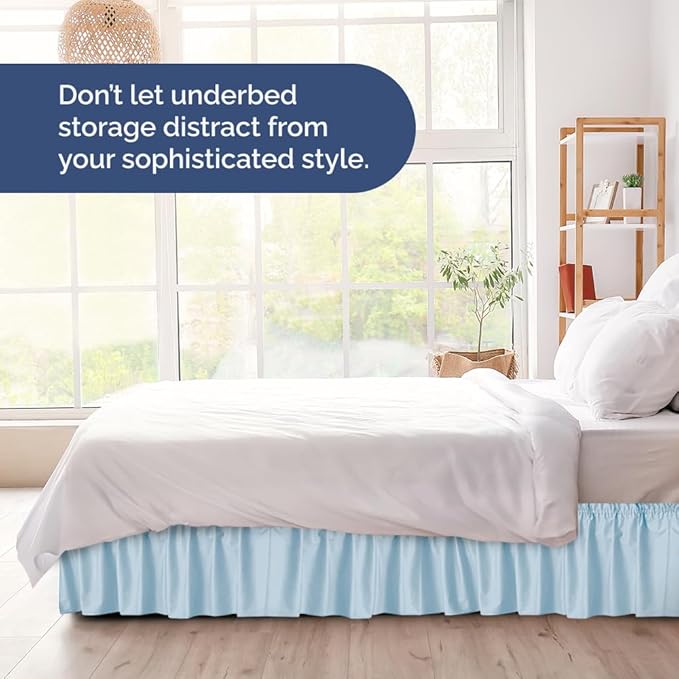Wrap Around Dust Ruffle Bed Skirt - Light Blue - for Queen Size Beds with 21 Inch Drop - Elastic Strap - Adjustable Pleated Bedskirt with Brushed Fabric and Wrinkle Free - For Women, Men, Kids & Teens