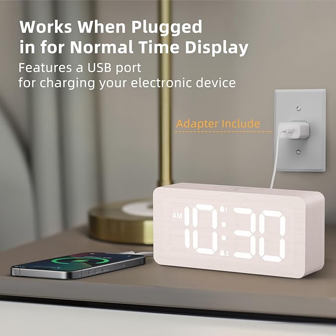 uscce Wooden Digital Alarm Clocks for Bedrooms: Dimmable Dual Alarm Clock with Large Numbers for Bedside Desk - Loud Alarm for Heavy Sleepers with Volume Control - Wood Decor & Gifts