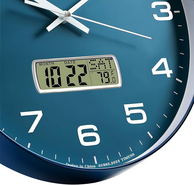 Wall Clock, 12" Dial Non-Ticking Silent Battery Operated Analog with LCD Display for Perpetual Calendar and F° Temperature, Ideal Modern Home, Bedroom, Kitchen, Office Decor (Blue)