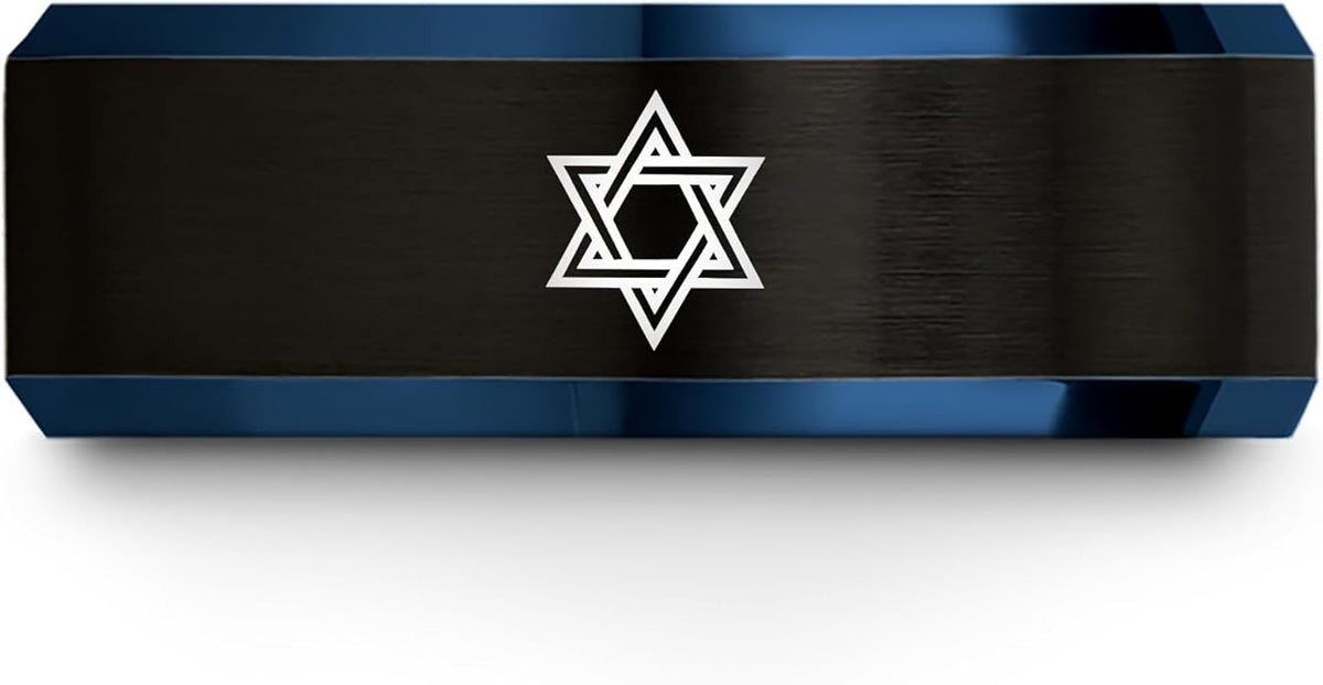 Mezuzah star Of David Ring - Gift for Jewish Family - Flat Dome Bevel - 8mm - Men Women - Yellow Gold Black Silver Blue - Anniversary Wedding - Personalized Custom Engraving - Band - Brushed Polished