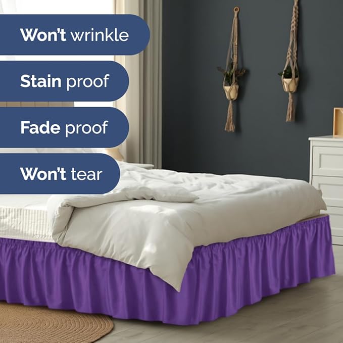 Wrap Around Dust Ruffle Bed Skirt - Purple - for King Size Beds with 21 Inch Drop - Easy Fit Elastic Strap - Adjustable Pleated Bedskirt w/Brushed Fabric - Wrinkle Free - for Women, Men, Kids & Teens