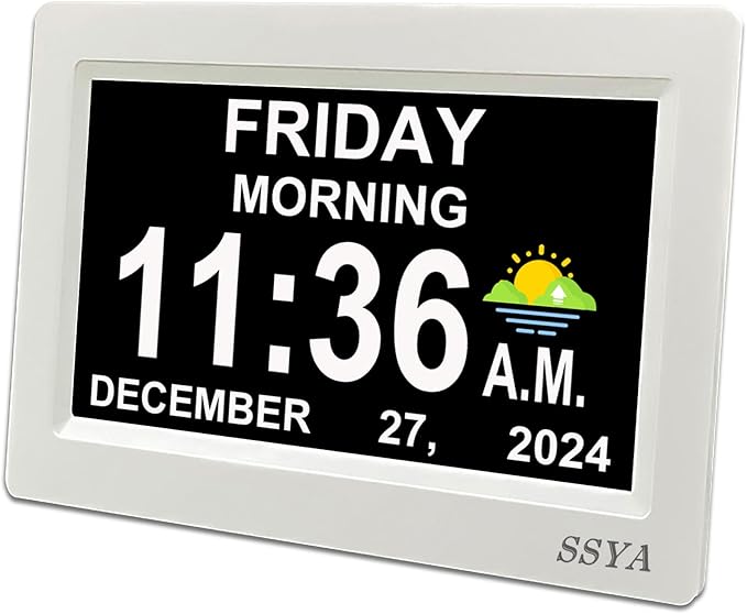 SSYA Digital Calendar Alarm Clock - Dementia Clocks for Seniors, Non-Abbreviated Memory Loss Clock with Date and Time for Elderly (White)