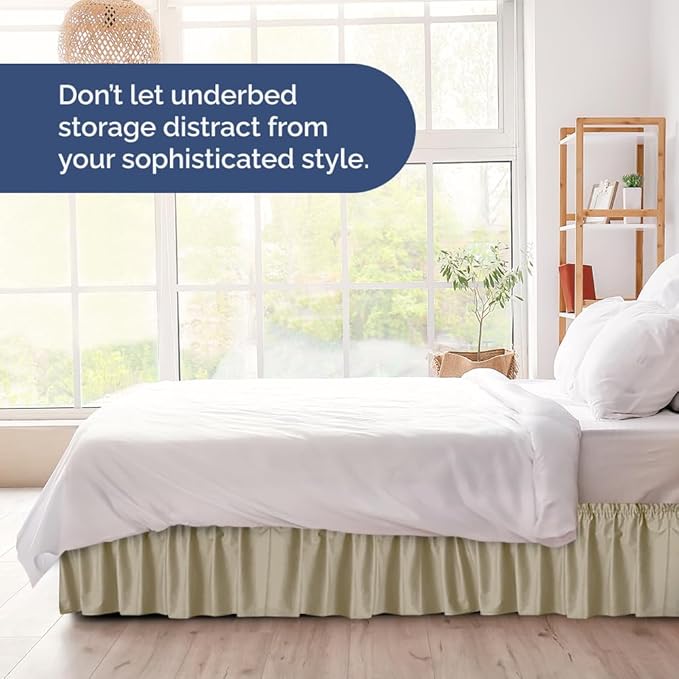 Wrap Around Dust Ruffle Bed Skirt - Beige - for Full Size Beds with 24 Inch Drop - Easy Fit Elastic Strap - Adjustable Pleated Bedskirt w/Brushed Fabric - Wrinkle Free - for Women, Men, Kids & Teens