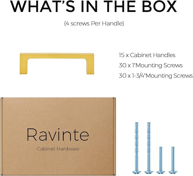 Ravinte 15 Pack Solid 3-1/2 Inch Square Cabinet Handles - Brushed Brass Drawer Pulls - Kitchen Hardware and Handles