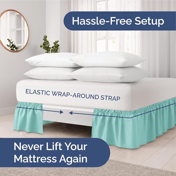 Wrap Around Dust Ruffle Bed Skirt - Spa Blue - for Full Size Beds with 18 Inch Drop - Easy Fit Elastic Strap - Adjustable Pleated Bedskirt w/Brushed Fabric Wrinkle Free - for Women, Men, Kids & Teens