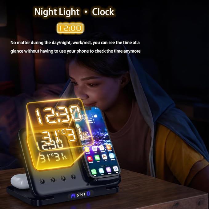 IHAO 5in1 Multi Functional Wireless Charger with Digital Clock 18W Fast Charge Night Light Temperature Display Magnetic Attraction Compliant for iPhone, Apple Watch and Qi Headphone-DH13 Black