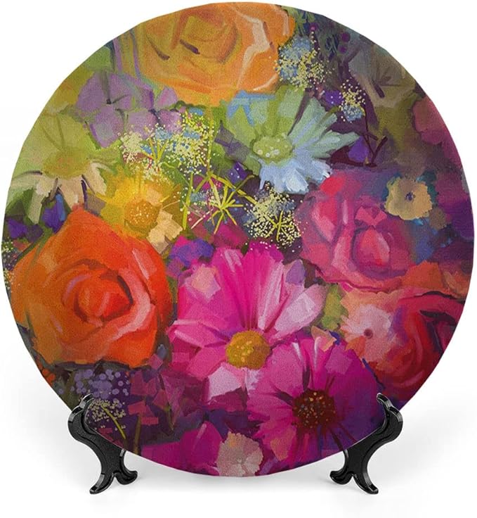 Ceramic Display Plate, Floral Ceramic Hanging Decorative Plate, Vibrant Flower Bouquet with Daisy Peony Gerbera, 8 Inch, Living Room Kitchen Decoration Household, Multicolor