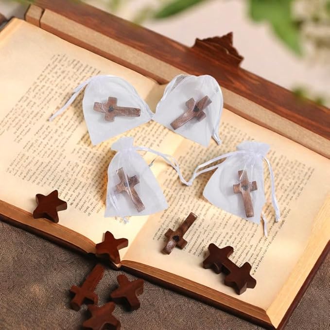 Brevynx Handmade 25Pcs Pocket Wooden Cross Fidget in bulk with Organza Bags - Stress Relief Cross My Heart for Christian, Religious Easter Day Gifts