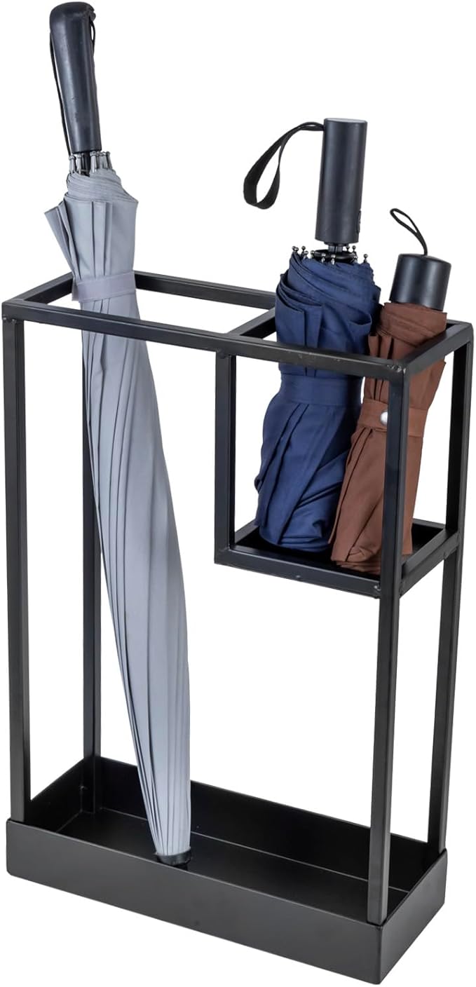 MyGift Modern Black Metal Entryway Umbrella Rack with Geometric Design, 13 x 5-inch Wide Rectangular Freestanding Cane Umbrella Holder with Shelf for Small Umbrellas and Bottom Drip Catch Tray