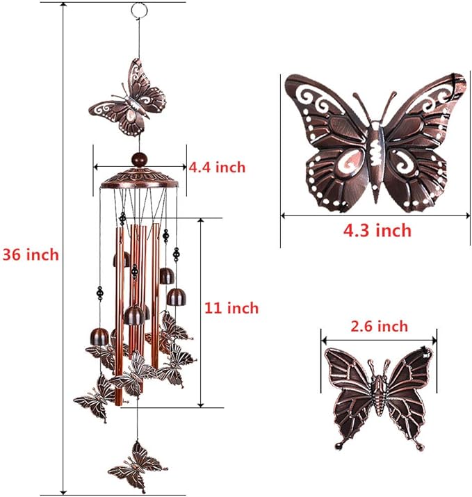 Butterfly Wind Chimes Outdoor Decor -with 4 Tubes 6 Bells 7 Butterflies 36In Waterproof Mobile Romantic Wind Catcher Butterfly Windchimes for Home, Xmas Mom Gifts, Festival,Balcony,Garden Decoration