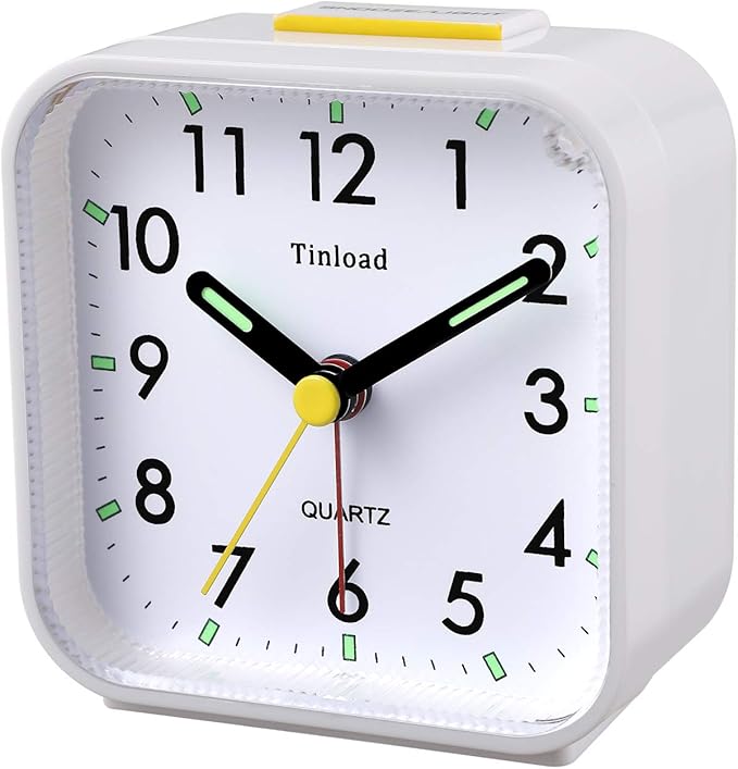 Small Battery Operated Analog Travel Alarm Clock Silent Non Ticking, Gentle Wake, Ascending Beep Sounds, Snooze,Lighted on Demand, Easy Set(White)