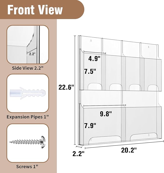 Acrylic Brochure Pamphlet Holder, 2 Magazine Holders and 4 Pamphlet Holders, Clear Brochure Display Holder Wall Mount, Trifold Flyer Rack, Literature Storage Rack for Home, Office, Waiting Room