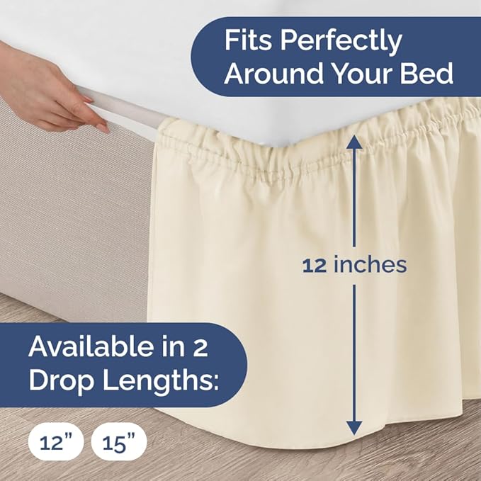 Wrap Around Dust Ruffle Bed Skirt - Off White - Twin/Twin XL Size Beds w/ 12 Inch Drop - Easy Fit Elastic Strap- Adjustable Pleated Bedskirt w/Brushed Fabric - Wrinkle Free - Women, Men, Kids & Teens