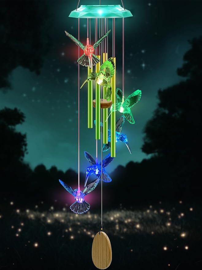 Wind Chimes,Hummingbird Solar Wind Chimes for Outside,Green Gradation Aluminum Tubes Deep Tone Memorial Wind Bell for Garden/Patio Mobiles Decorative Gifts for Mom, Wife, Grandma Neighbors(37" Long)