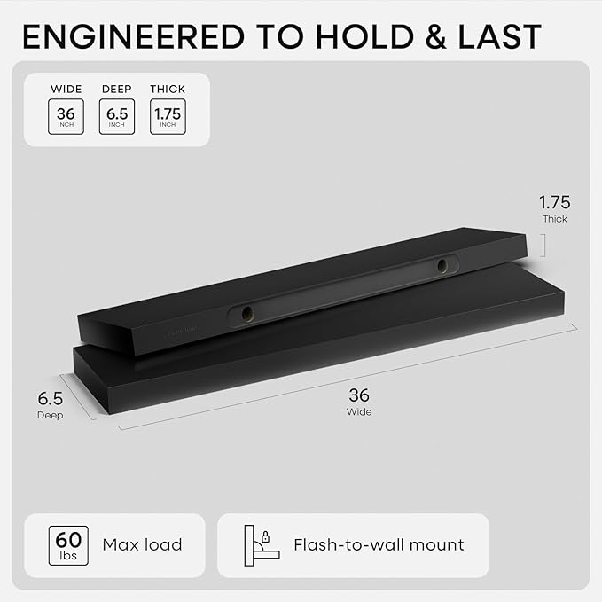 Homeforia Black Floating Shelves 36 inches Long, High End Solid Real Wood 36 inch Floating Shelf for Wall Mounted, Black Wooden 36in Floating Shelves, Heavy Duty Bracket, 36 X 6.5 X 1.75 in, Set of 3