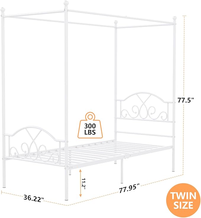 Weehom Twin Canopy Bed Frame with Headboard and Footboard Metal Four Posters Curtains Design Mattress Foundation Bed Platform Underbed Storage Space No Box Spring Needed for Kids Adults White