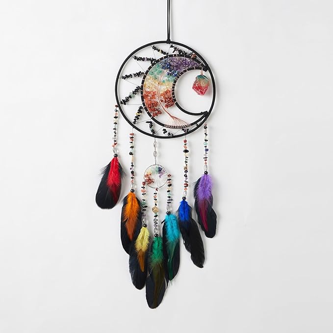 7 Chakras Black Dream Catchers Tree of Life Dream Catcher Rainbow Feather Dreamcatcher Wall Decor with Healing Crystal & Fluorite Wall Art Hanging for Bedroom Home Decor Bless Gift Wedding Garden