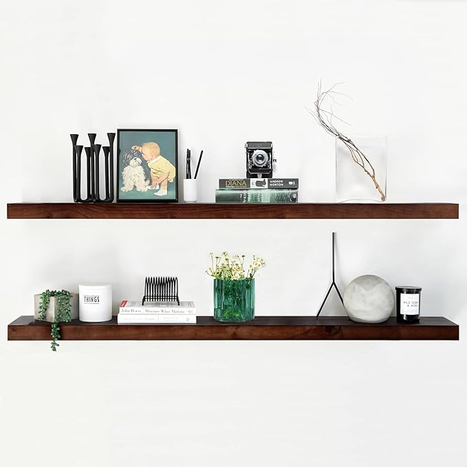 Homeforia Walnut 60 inch Floating Shelf, High End Solid Real Wood 60inch Long Floating Shelf for Wall, Dark Brown Wooden 60in Large Floating Shelves, Heavy Duty Bracket, 60 X 6.5 X 1.75 inch, Set of 2